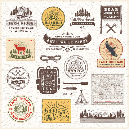 Vintage looking camping,hiking,adventure badges,labels and signs over topographic map.More works like this linked below.http://www.myimagelinks.com/Lightboxes/FRAMES,BANNERS_%26_LABELS_files/shapeimage_2.png