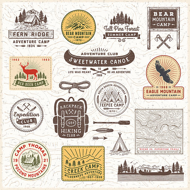 Vintage Camping Badges and Labels Vintage looking camping,hiking,adventure badges,labels and signs over topographic map.More works like this linked below.http://www.myimagelinks.com/Lightboxes/FRAMES,BANNERS_%26_LABELS_files/shapeimage_2.png hiking sign stock illustrations