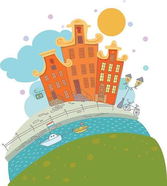 illustrations, cliparts, dessins animés et icônes de illustration de maisons sur le canal à amsterdam - amstel river illustrations