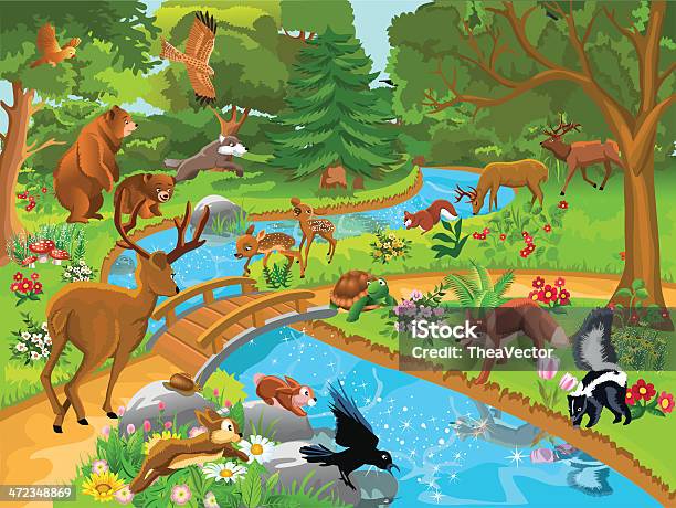 Forest Animals Coming To Drink Water Stock Illustration - Download Image  Now - Fox, Crow - Bird, Bear - iStock