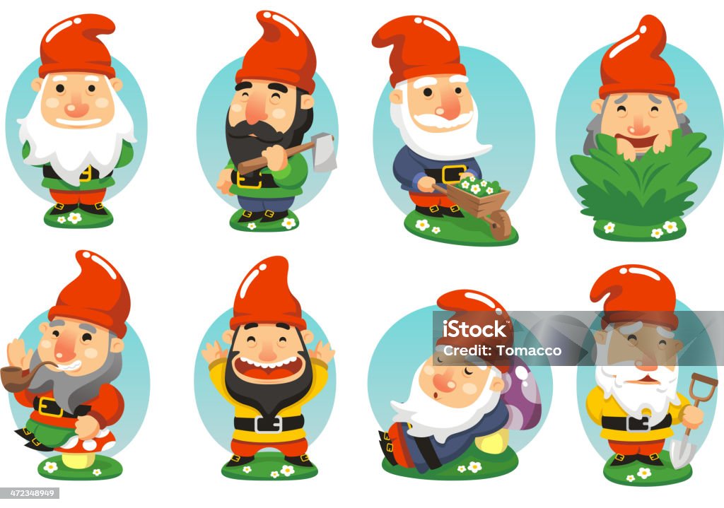 Gnome Garden Set Gnome Garden Set, with standing gnome, gnome with axe, gnome with wheelbarrow, gnome picking grass, gnome smoking pipe, happy gnome, sleeping gnome, gnome with shovel vector illustration cartoon. Garden Gnome stock vector