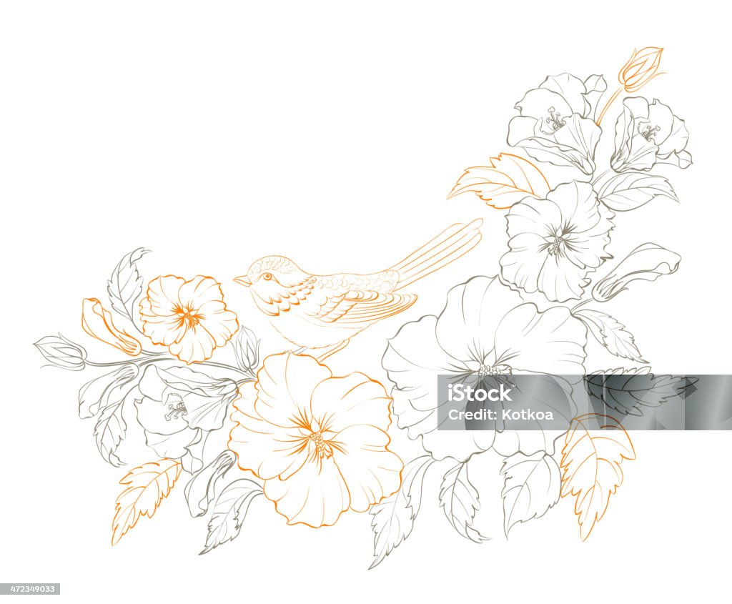 Oiseau assis sur une branche de hibiskus. - clipart vectoriel de Althaea libre de droits