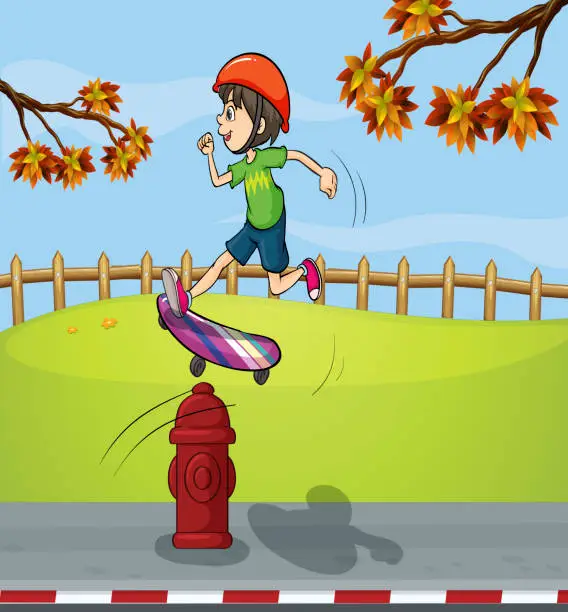 Vector illustration of Fire hydrant and a boy playing skate board