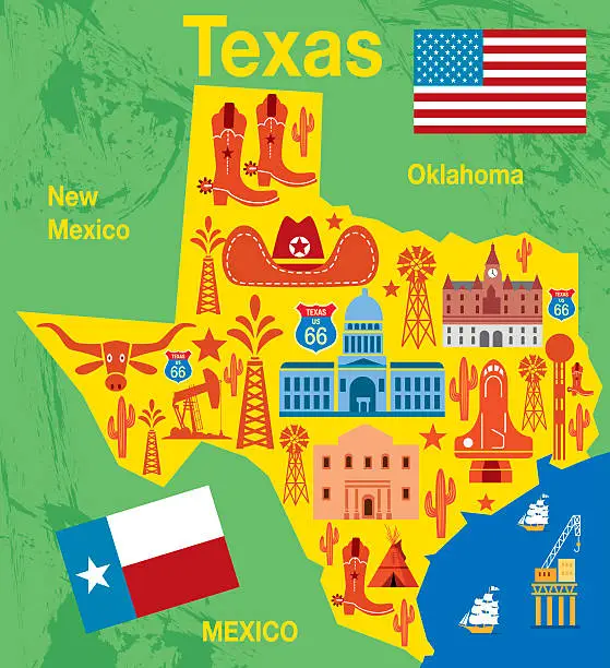 Vector illustration of Texas map with traditional state items illustration