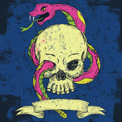 A snake and skull over an abstract background. The snake and skull are on a separate labeled layer from the background.
