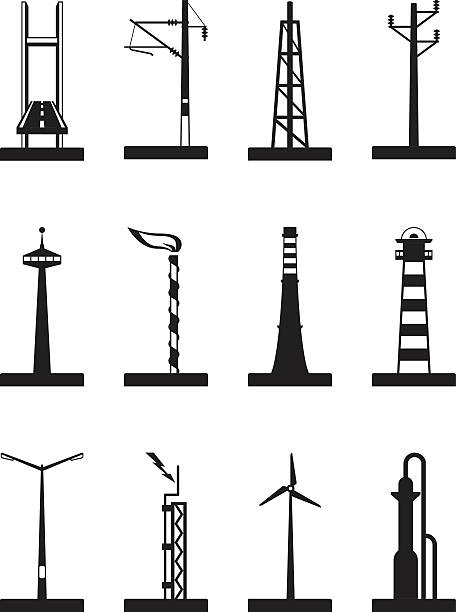 ilustraciones, imágenes clip art, dibujos animados e iconos de stock de industrial towers, polos y chimeneas - distillation tower