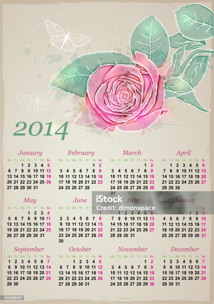 Calendario per il 2014 con rose - arte vettoriale royalty-free di Arte, Cultura e Spettacolo