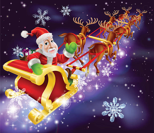 istock Christmas Santa Claus flying sleigh with gifts 472350515