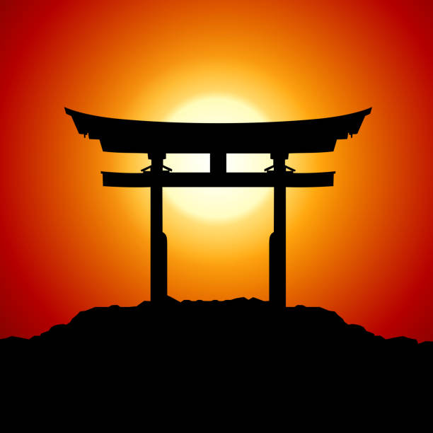 закат с ворота японии - silhouette back lit built structure shrine stock illustrations