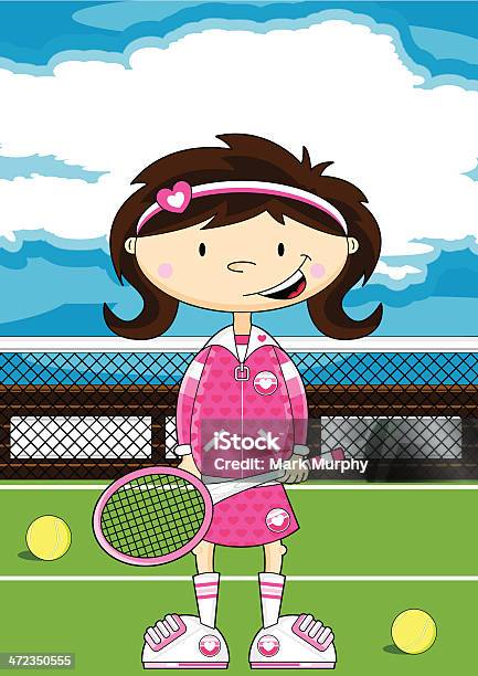 Dziewczyna Kreskówka Tenis - Stockowe grafiki wektorowe i więcej obrazów Bekhend - Bekhend, Brązowe włosy, Chmura