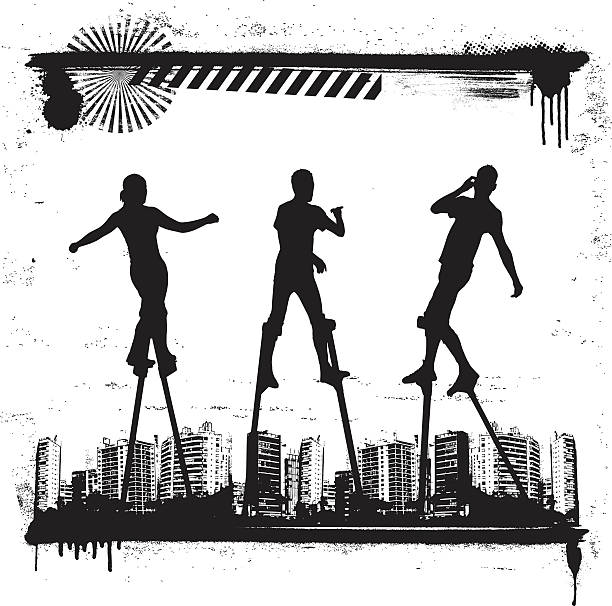 theater actors on stilts with city background vector art illustration