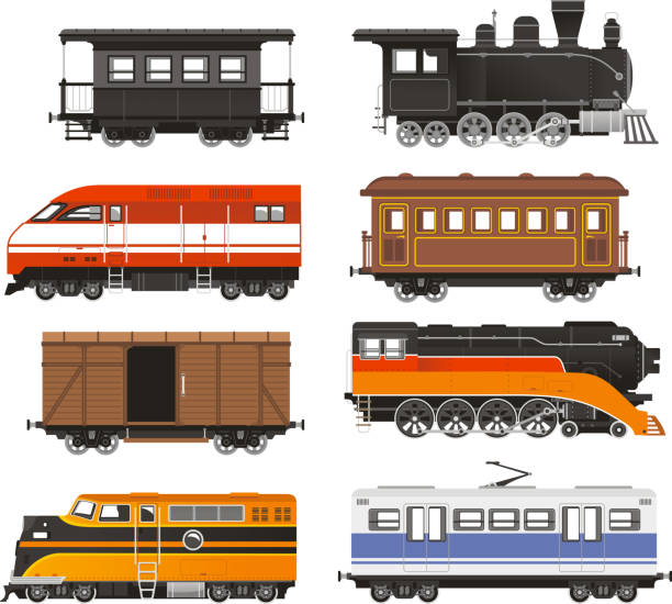 illustrazioni stock, clip art, cartoni animati e icone di tendenza di treno locomotiva trasporto su rotaia - locomotiva