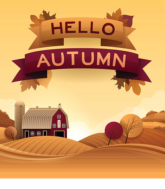 illustrazioni stock, clip art, cartoni animati e icone di tendenza di ciao autunno - field brown text harvesting