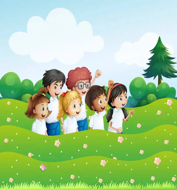 Vector illustration of Six playful kids at the hill