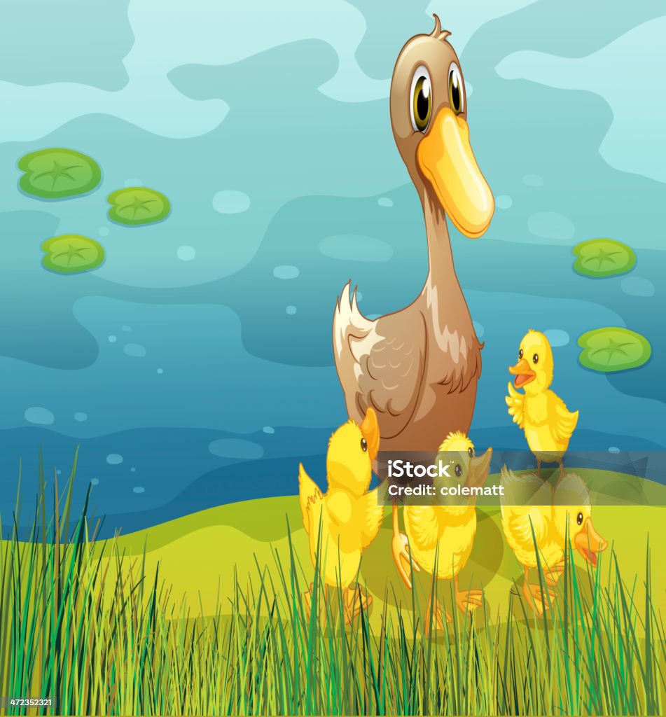 Canard et son ducklings sur la rive - clipart vectoriel de Bleu libre de droits