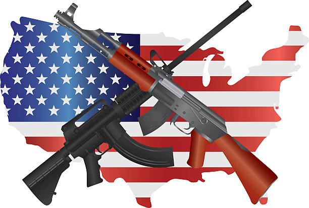 ilustraciones, imágenes clip art, dibujos animados e iconos de stock de asalto rifles con bandera usa mapa de ilustración vectorial - second amendment