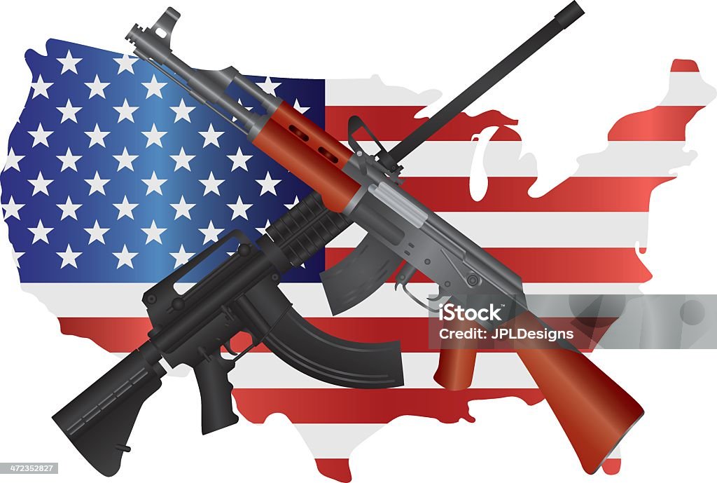 Assault Rifles with USA Map Flag Vector Illustration Assault Rifles AR 15 and AK 47 Semi Automatic Weapons on USA Map Flag Second Amendments Constitution Vector Illustration Number 2 stock vector
