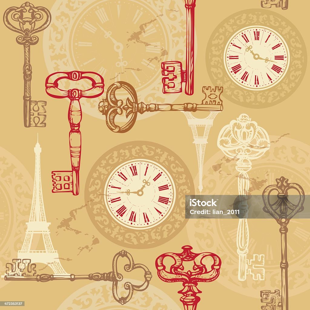 Vintage patrón sin costuras con reloj, llaves y de la Torre Eiffel - arte vectorial de Anticuado libre de derechos