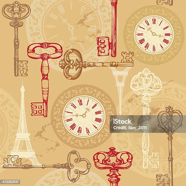 Ilustración de Vintage Patrón Sin Costuras Con Reloj Llaves Y De La Torre Eiffel y más Vectores Libres de Derechos de Anticuado