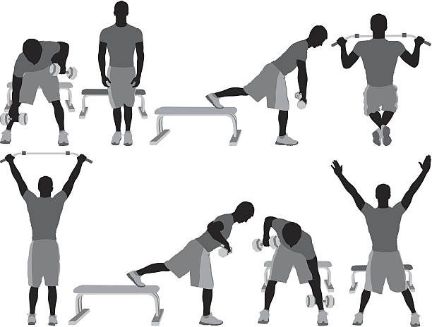 ilustraciones, imágenes clip art, dibujos animados e iconos de stock de múltiples silueta de un hombre hacer ejercicios - stretching exercising gym silhouette