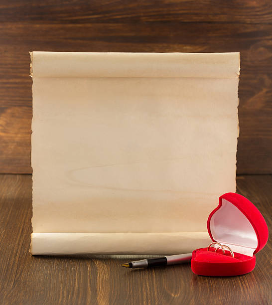 istock wedding ring and aged paper on wood 472353744