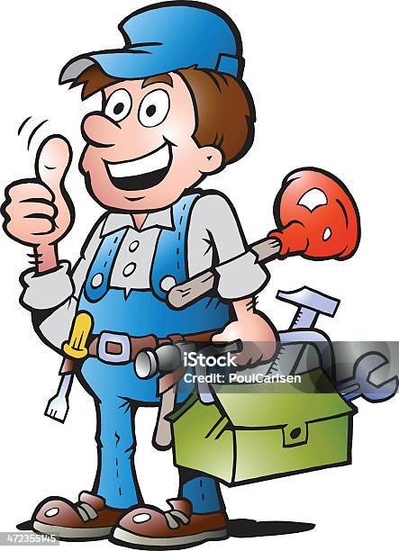 Illustration Of An Happy Plumber Handyman Stock Illustration - Download Image Now - Adult, Bib Overalls, Blue