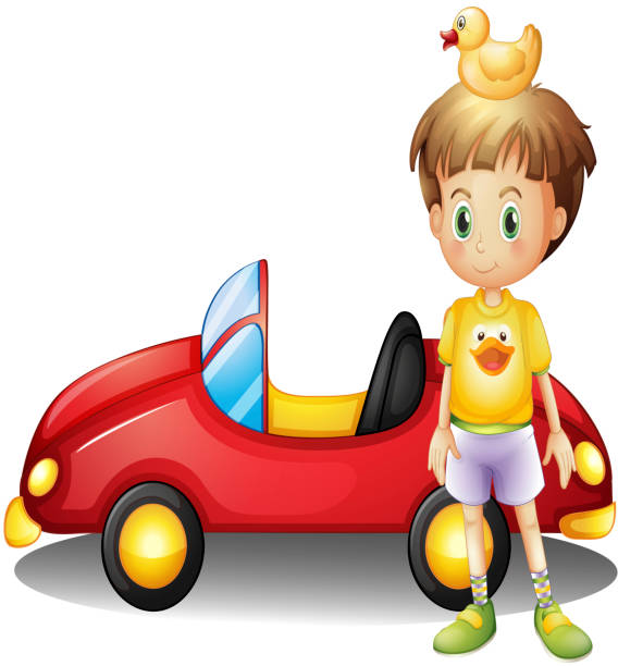 istock young boy with rubber duck and a big toy car 472355377