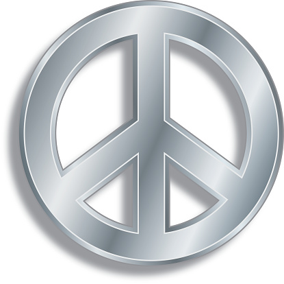 Vector illustration of a silver metal peace sign with a drop shadow.