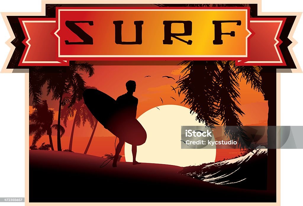 Emblema de Surf ao pôr-do-sol na praia - Vetor de Adulto royalty-free