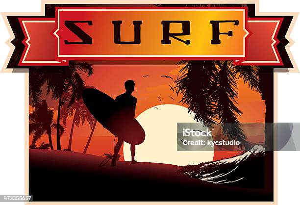 Vetores de Emblema De Surf Ao Pôrdosol Na Praia e mais imagens de Adulto - Adulto, Arrebentação, Atividade Recreativa