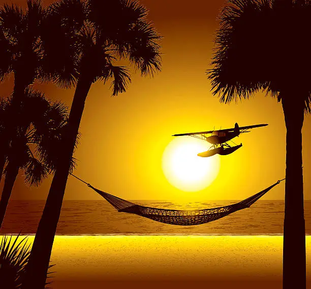 Vector illustration of Beach Vacation Destination with Hammock and Seaplane