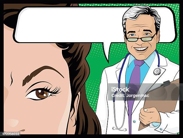 Vetores de Estilo Quadrinhos Médico E Mulher Paciente Falando e mais imagens de Doutor - Doutor, Revista em Quadrinhos - Publicação, Pop Art