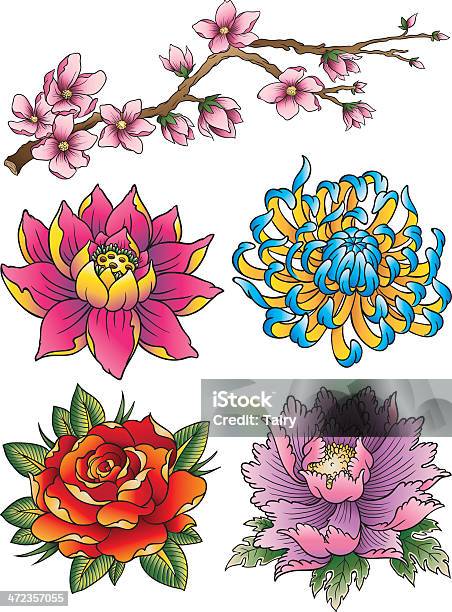 Tattoo Flower Set Stock Illustration - Download Image Now - Tattoo, Peony, Cherry Blossom