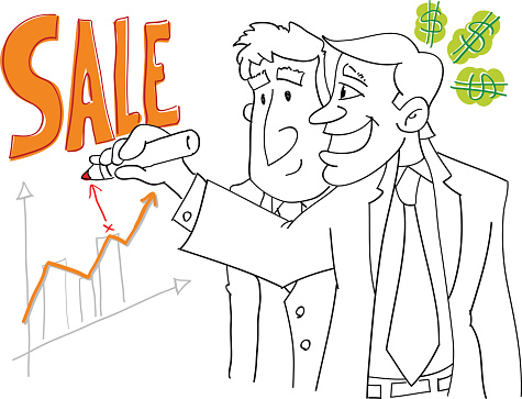 Two businessmen in financial analicis sales chart and progress arrows. Ideal to whitboard animation.