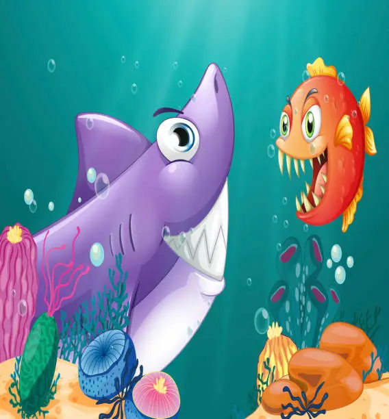 Vector illustration of Shark and a piranha under the sea
