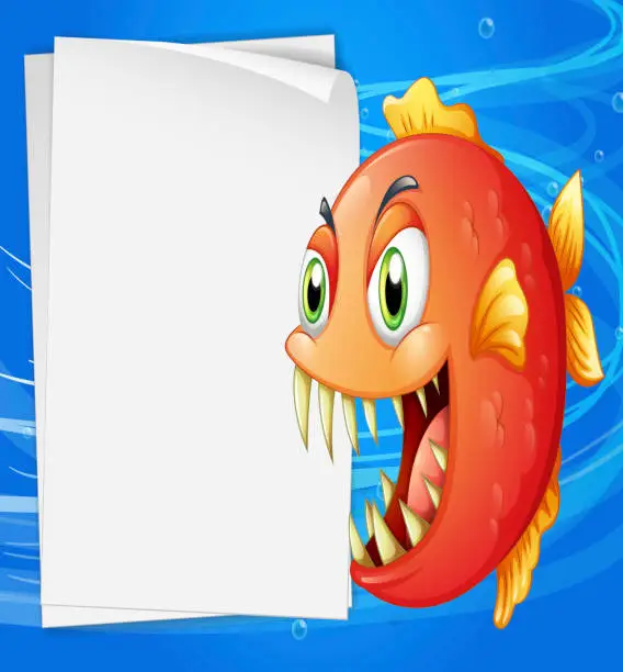 Vector illustration of Piranha under the sea beside an empty paper