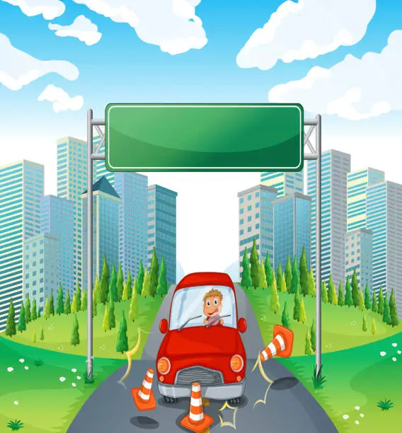 Vector illustration of Boy riding on a red car passing the empty signboard