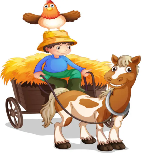 Vector illustration of farmer riding cart with a chicken above his head