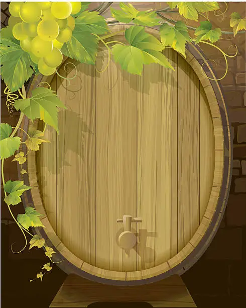 Vector illustration of Wine Barrel and White Grapes