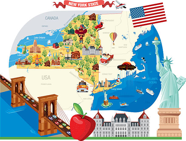 illustrazioni stock, clip art, cartoni animati e icone di tendenza di fumetto mappa di new york - ferry new york city ellis island new york state