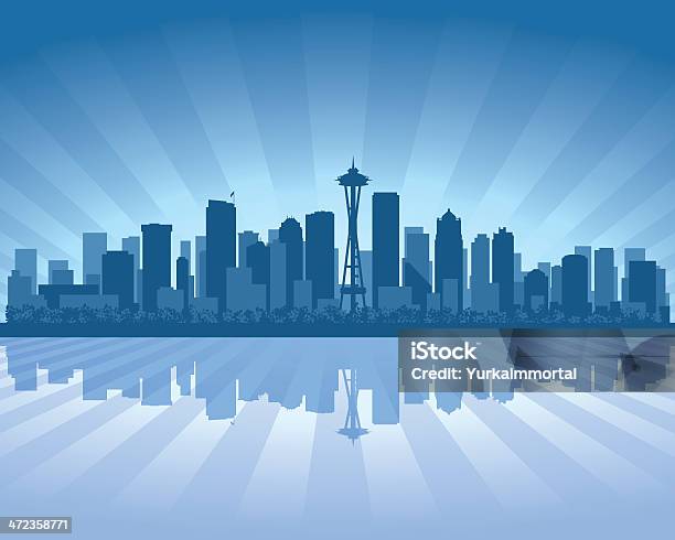 Seattle Blu City Skyline Sagoma - Immagini vettoriali stock e altre immagini di Seattle - Seattle, Orizzonte urbano, Sagoma - Controluce