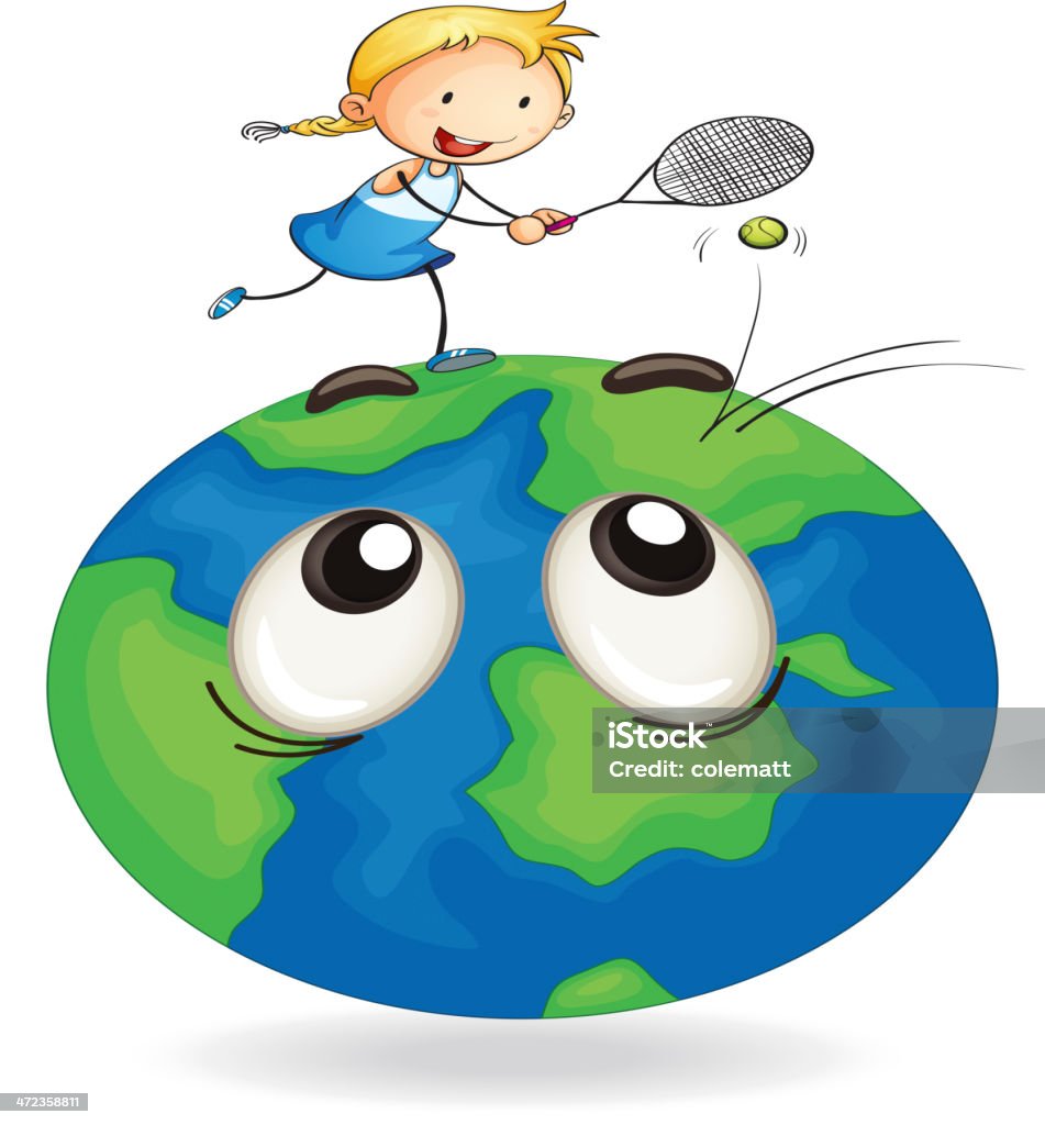 Dziewczynka gra w tenisa na ziemi glob - Grafika wektorowa royalty-free (Białe tło)