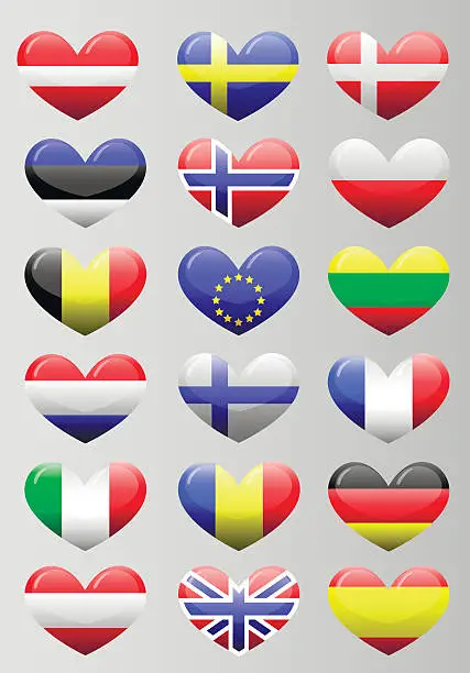 Vector illustration of European flags heart