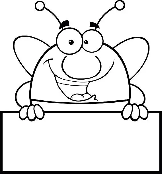 Vector illustration of Black and White Pudgy Bee Mascot Over Blank Sign