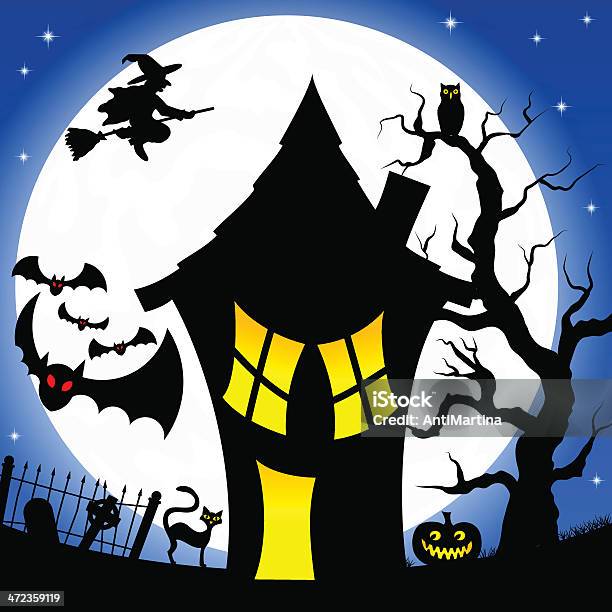 Witch House In A Full Moon Night Stock Illustration - Download Image Now - Autumn, Backgrounds, Bat - Animal
