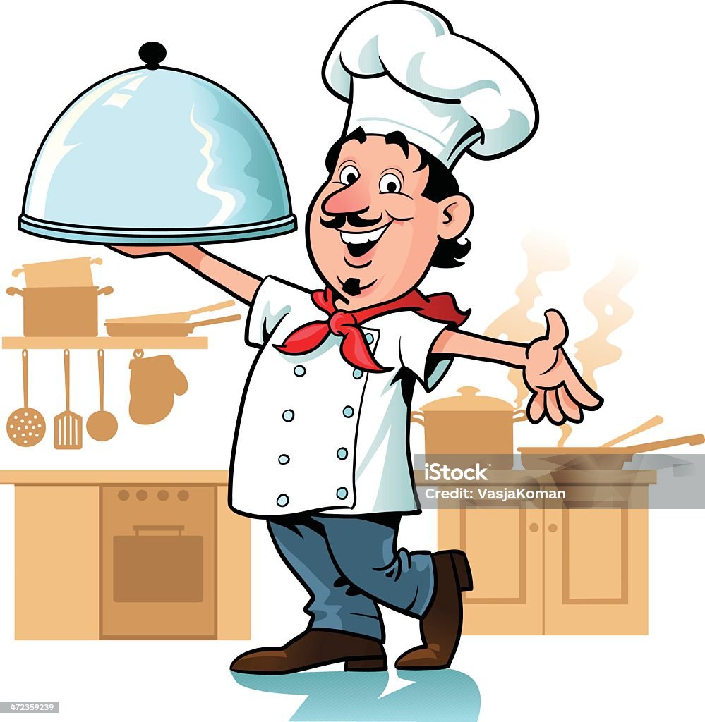 Chef feliz con su cocina a la vista - arte vectorial de Cocina comercial libre de derechos