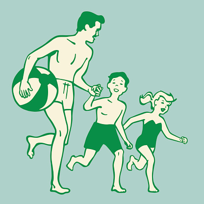 A cartoon of a father and kids running to the beach