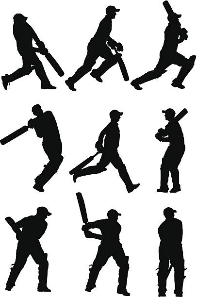 illustrazioni stock, clip art, cartoni animati e icone di tendenza di giocatori di cricket in azione - battitore del cricket