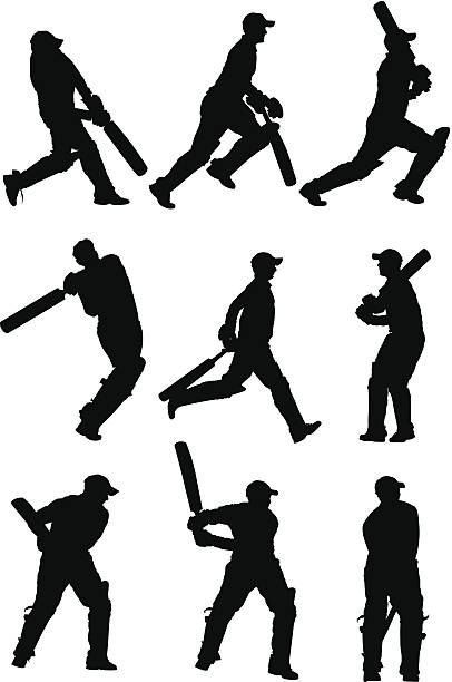 cricket игроков в действии - silhouette running cap hat stock illustrations
