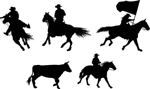 ilustraciones, imágenes clip art, dibujos animados e iconos de stock de vaquero de rodeo - rodeo cowboy horse silhouette